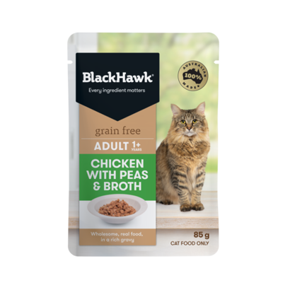 BHC502 Black Hawk Grain Free Adult Wet Cat Chicken With Peas And Broth Front 491X491